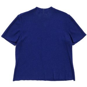 St John pullover knit top women size S mock neck short sleeve back zip navy blue